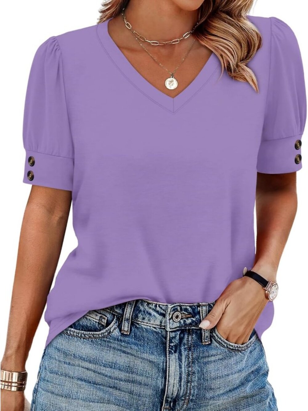 Women's Purple V Neck Short Sleeve Shirts Dressy Casual Summer Outfit Top